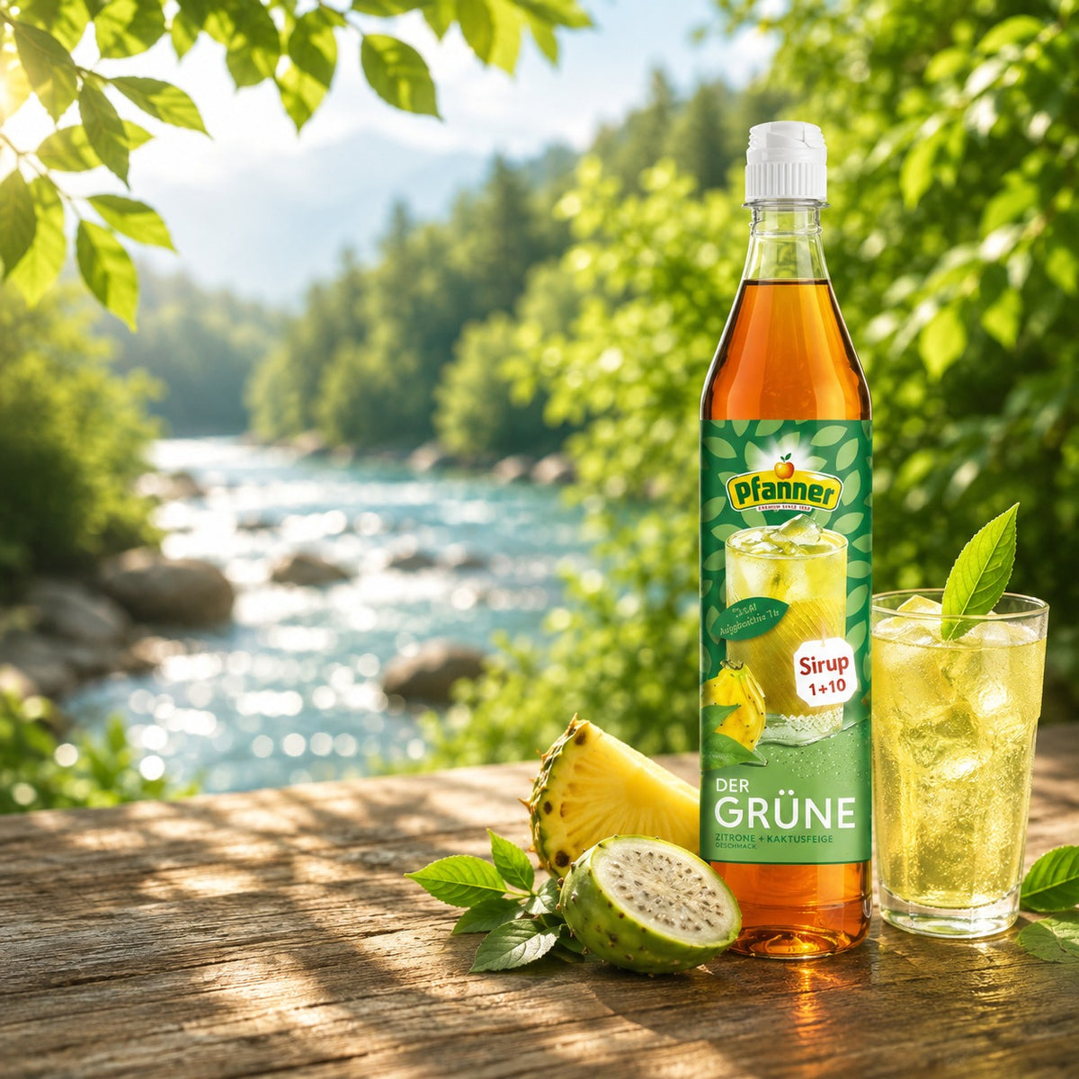 Pfanner Sirup Der Grüne mit einem Glas Erfrischung auf einem Holztisch am Fluss