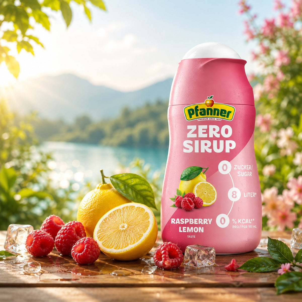 Pfanner Zero Sirup Raspberry Lemon mit Himbeeren, Zitrone und Eiswürfeln vor einem Bergsee