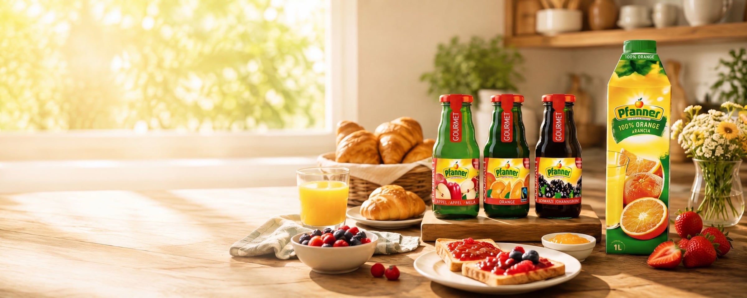 Pfanner Gourmet Säfte auf dem Frühstücksbuffet