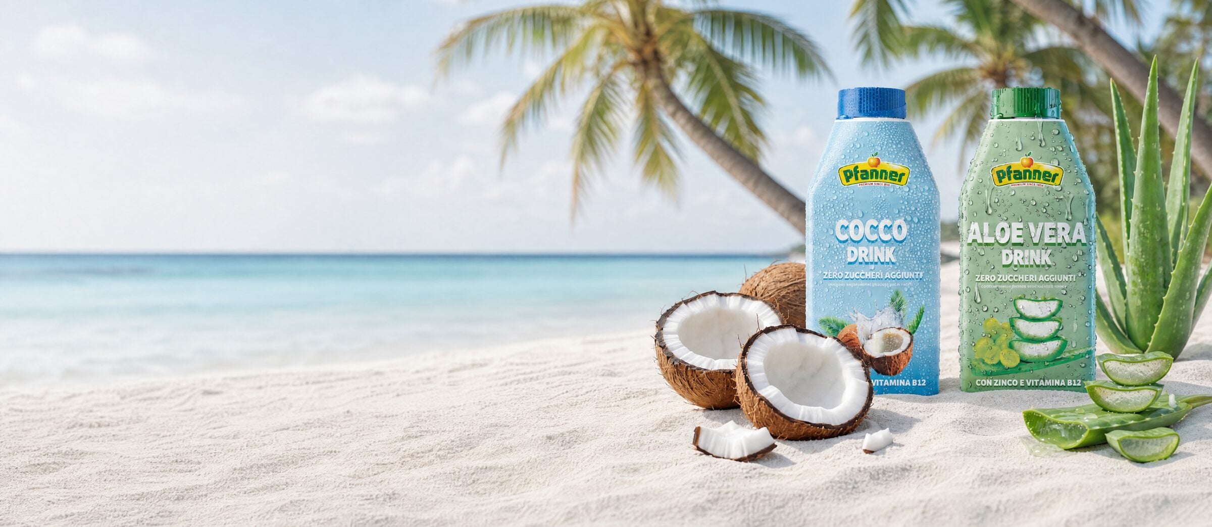 Pfanner Cocco Drink und Aloe Vera Drink mit Kokosnuss und Aloe am Strand