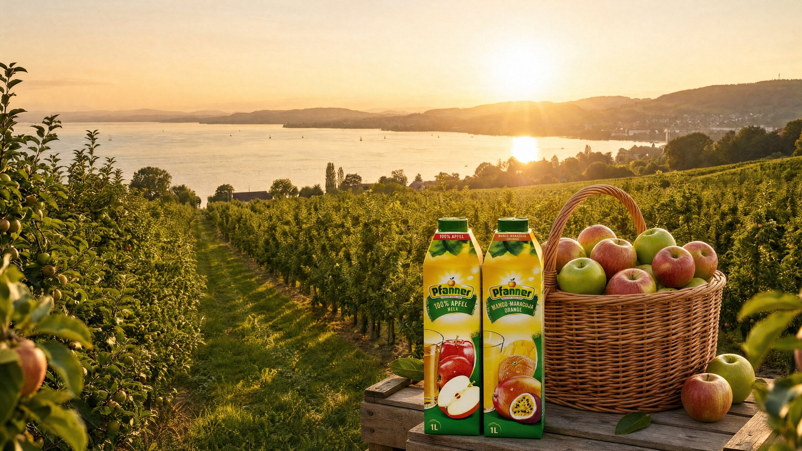 Pfanner Apfelsaft und Refresh Vita im Obstgarten am Bodensee bei Sonnenuntergang
