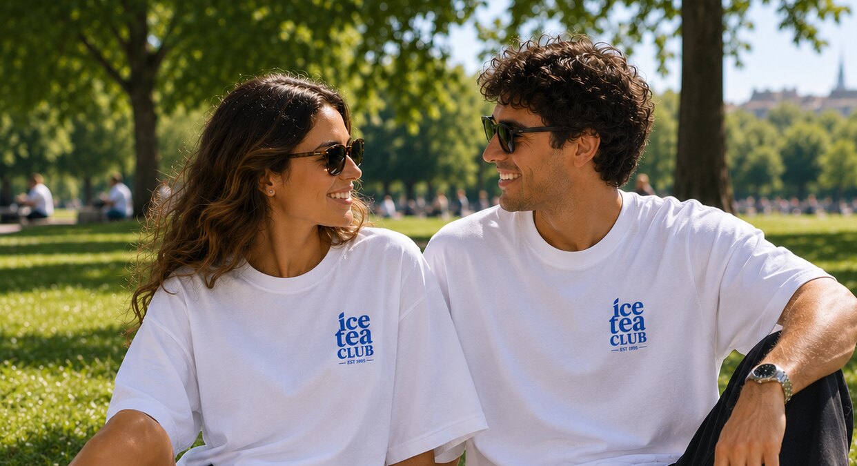 Zwei Personen in Ice Tea Club T-Shirts im Park