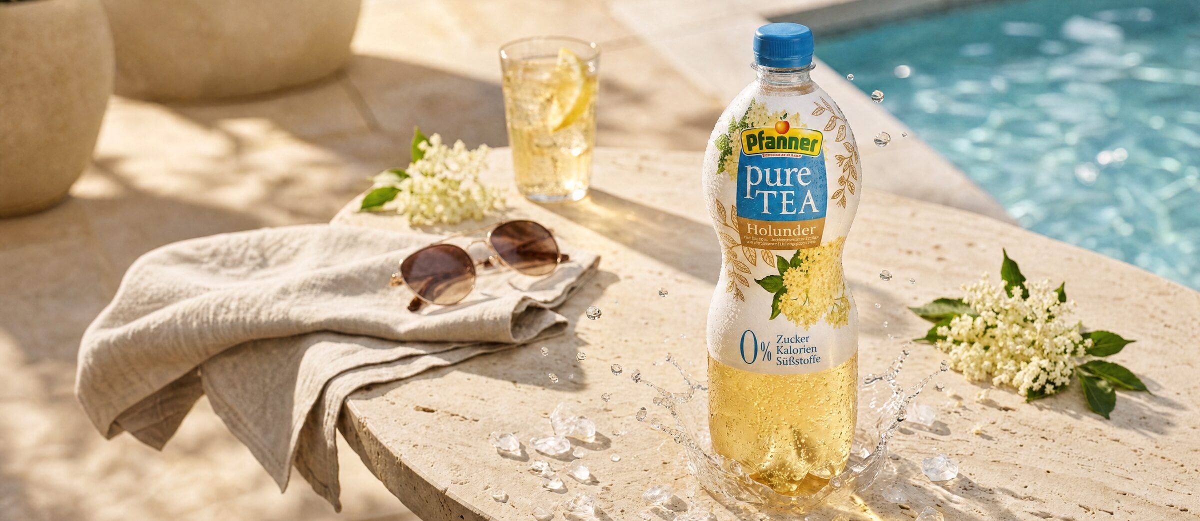 Flasche Pfanner Pure Tea Holunder mit Glas und Eis am Pool