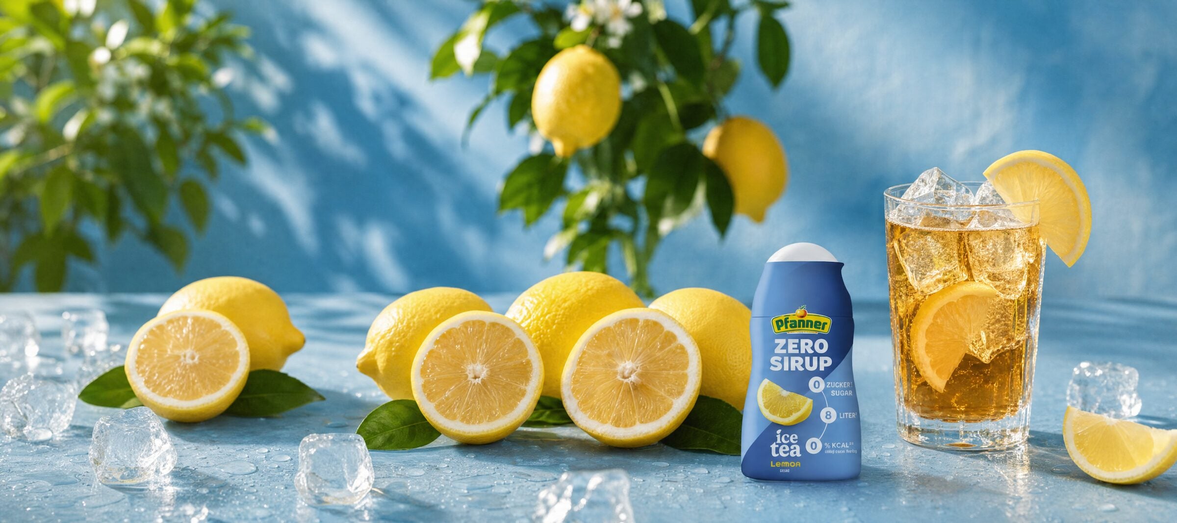 Pfanner Zero Sirup Lemon mit frischen Zitronen und einem Glas Eistee